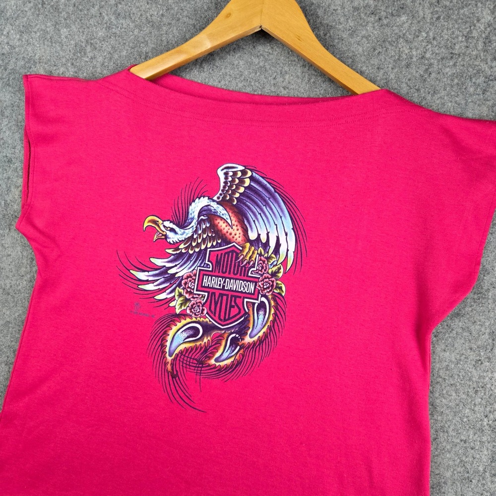 Vintage Harley-Davidson T-Shirt Womens XL Pink Eagle Graphic 80s Biker Tee